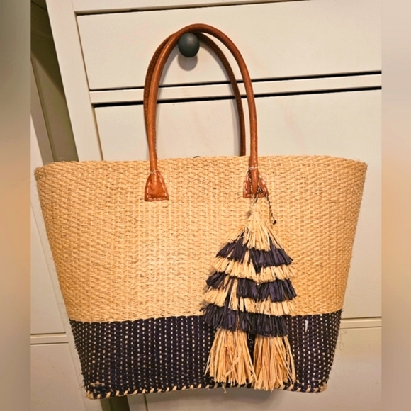 Mar Y Sol Womens Blue Tan Leather Ibiza Tote Bag - Picture 1 of 11
